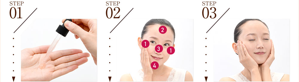STEP01:洗顔後に化粧水等で肌を整えた後に使用します。スポイトで1～3滴、手のひらに取ります。