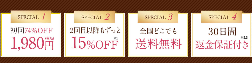 SPECIAL 1:初回74%OFF　1,980円（税込）SPECIAL 2:2回目以降もずっと15%OFF　SPECIAL 3:全国どこでも送料無料　SPECIAL 4:30日間返金保証付き